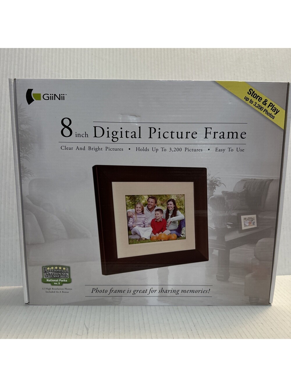 GiiNii 8" Digital LCD Picture Frame&Stand Brown Holds Up To 3200 Pics NEW in Box